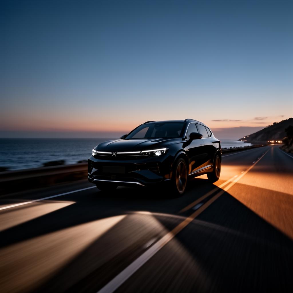 Modern SUV driving on coastal highway at dusk